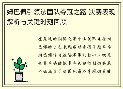 姆巴佩引领法国队夺冠之路 决赛表现解析与关键时刻回顾